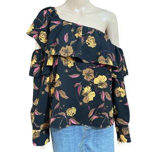 Leith Black Floral Open Shoulder Blouse Size Medium
